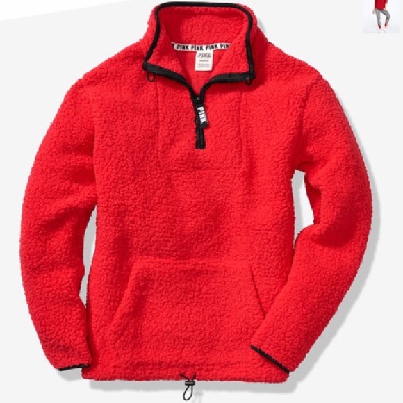 PINK Victoria's Secret Sweaters - VS PINK RED SHERPA QUARTER - ZIP PULLOVER